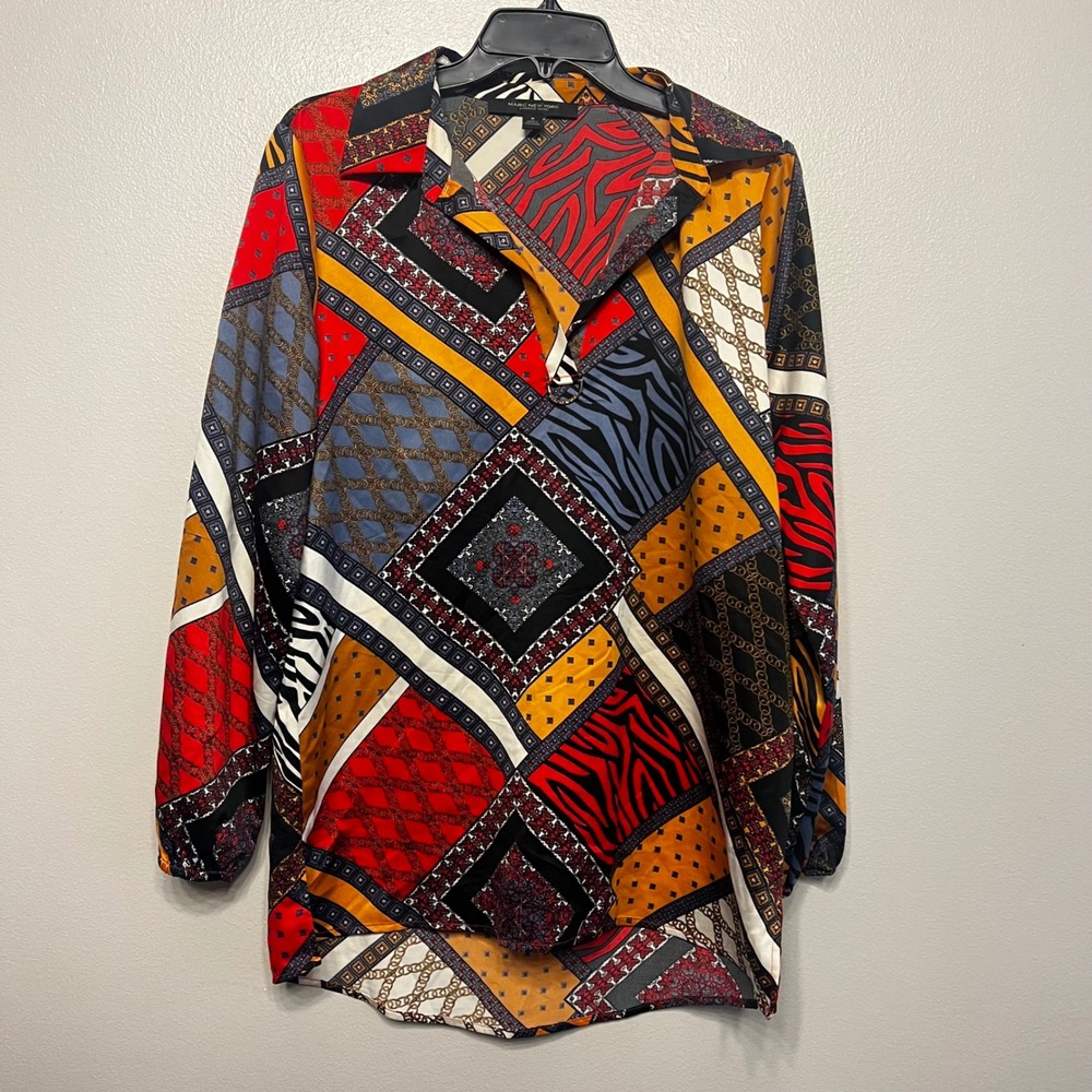 Marc New York Patchwork Animal Print Abstract Blouse Red Orange Women's M‎ Artsy